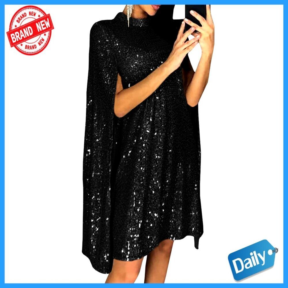 Sequin Cape Cloak Dress Elegant Sparkly Mini Cocktail Party Evening Wear